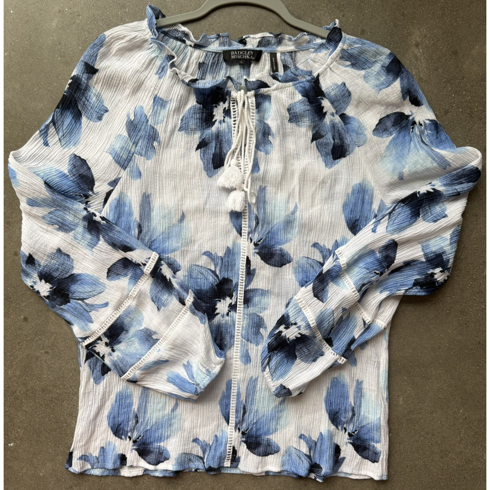 Badgley Mischka | Blue Floral Boho Peasant Blouse Tassel Gauze Top | Womens Sz L